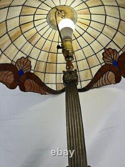 Large Tiffany Style Mission Victorian Stained Glass Table Lamp Brass Post
