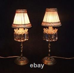 PAIR ANTIQUE FRENCH gilt bronze with crystal drops girandole table lamps, 1900s