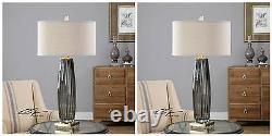 Pair Grooved Transparent Charcoal Gray Art Glass Table Lamps Vilminore Uttermost