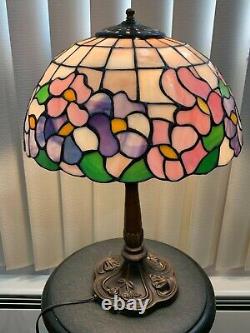 Vntg Tiffany Stael Pewter Stand WithFloral Glass Tiled Lampshade Table Lamp. $207.0